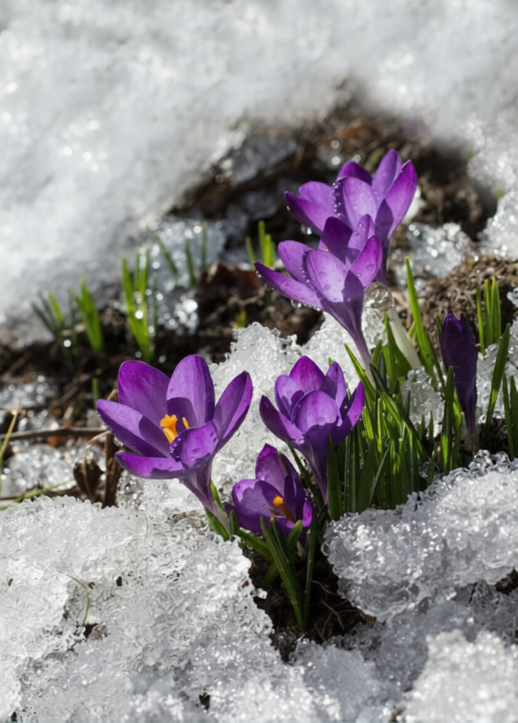 Purple Crocuses in bloom surrounded by snow.