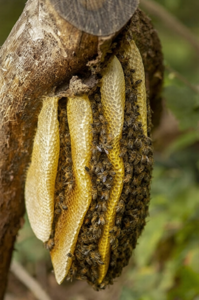 Colony of wild Carnica Honey Bees on a branch with the hive in a natural surrounding.