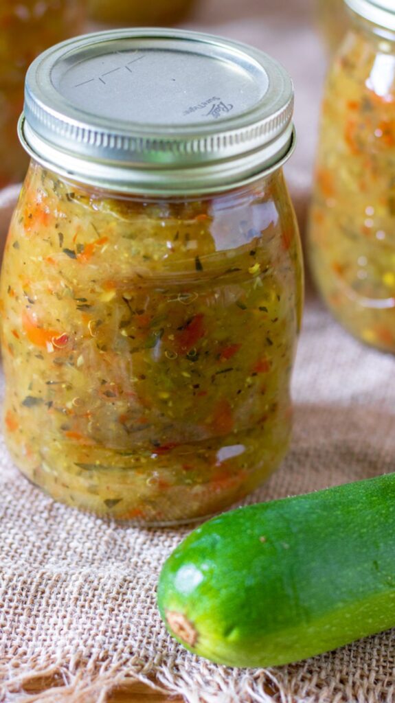 Close of view of a jar of relish.