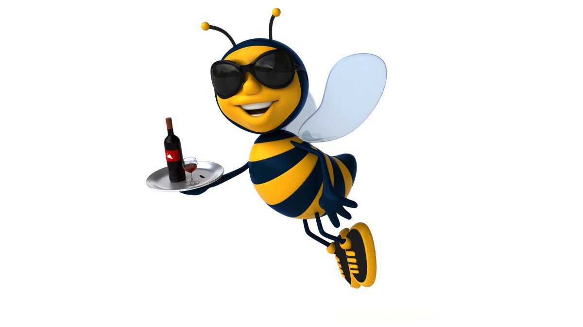 Bee animation flying with a tray with a bottle and glass of wine.