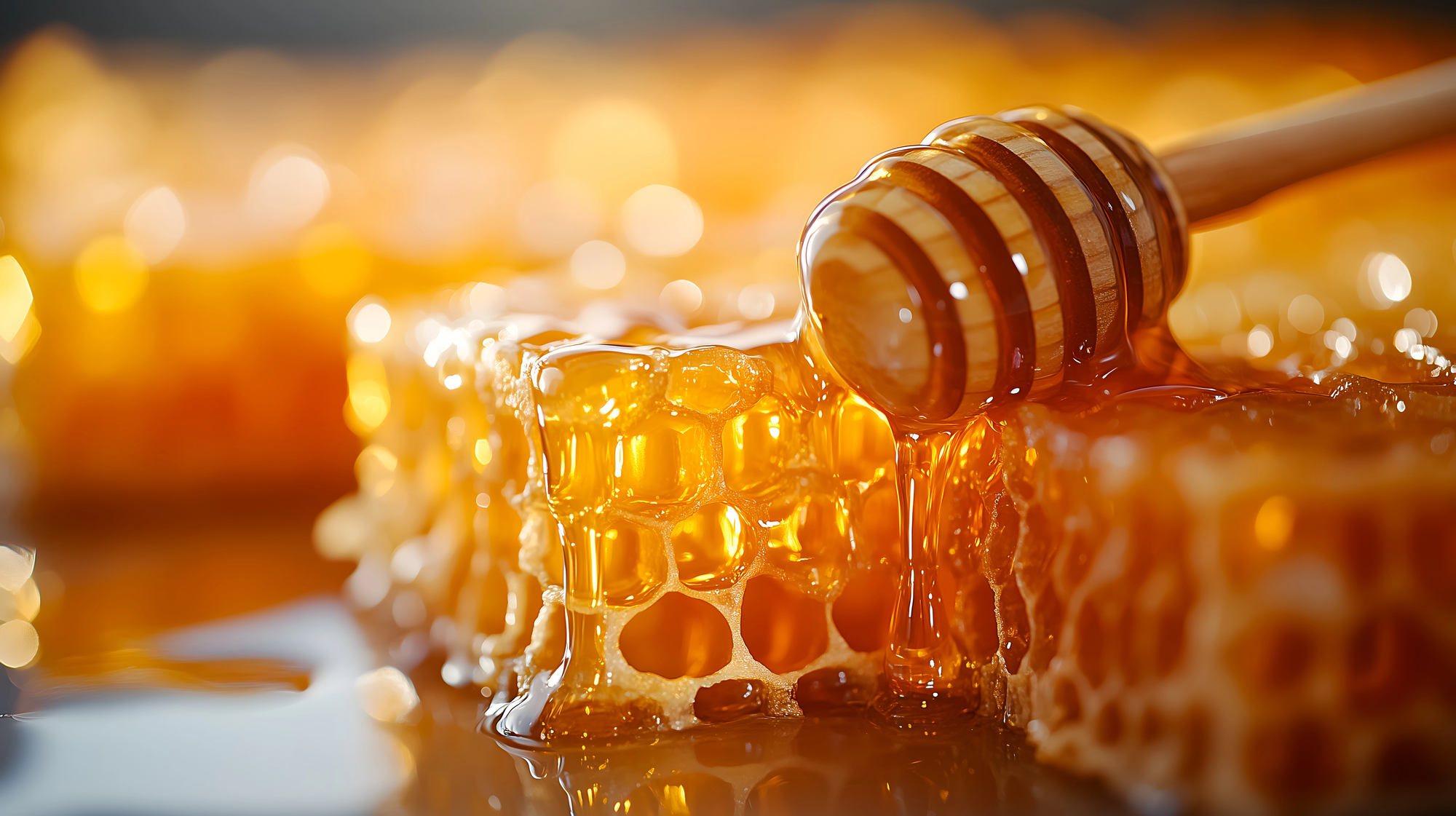 honey dipper dripping honey onto a slice of honeycomb