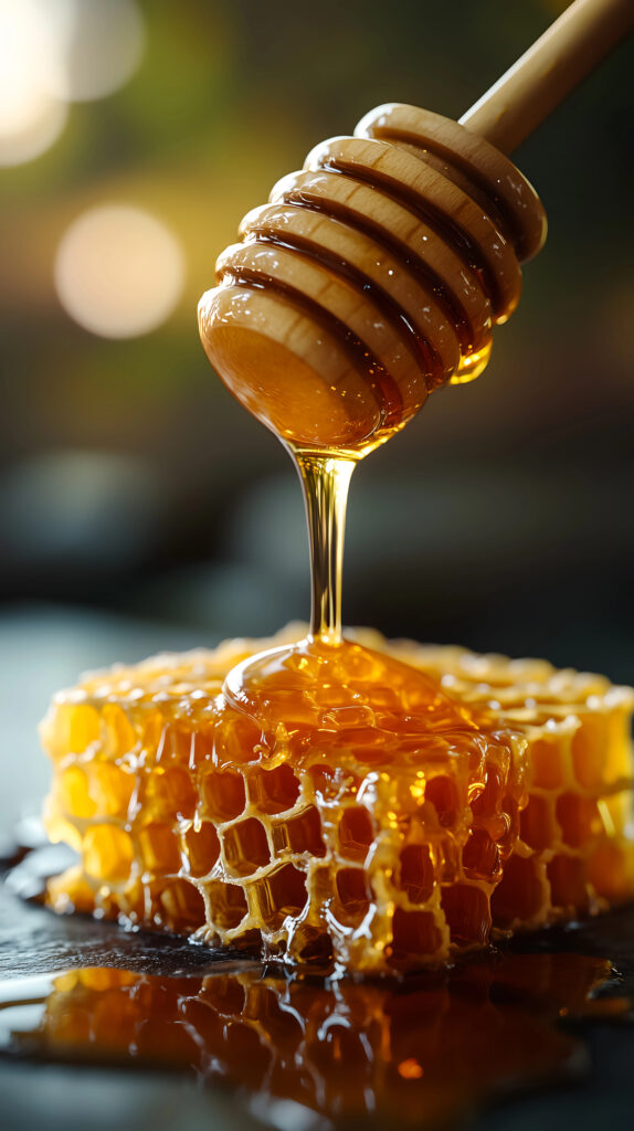 Honey dripping honey onto a square of honeycomb.