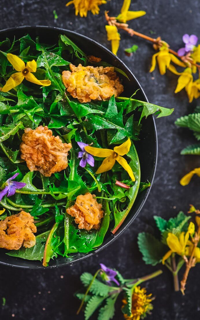 An overhead shot of Backyard Dandelion Greens Salad.