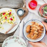 An overhead shot of a plate of Butter with Edible Flowers,