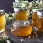 Various jars of yellow jelly with branches of flowers.