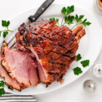 An overhead shot of Baked Picnic Ham With Cinnamon Glaze