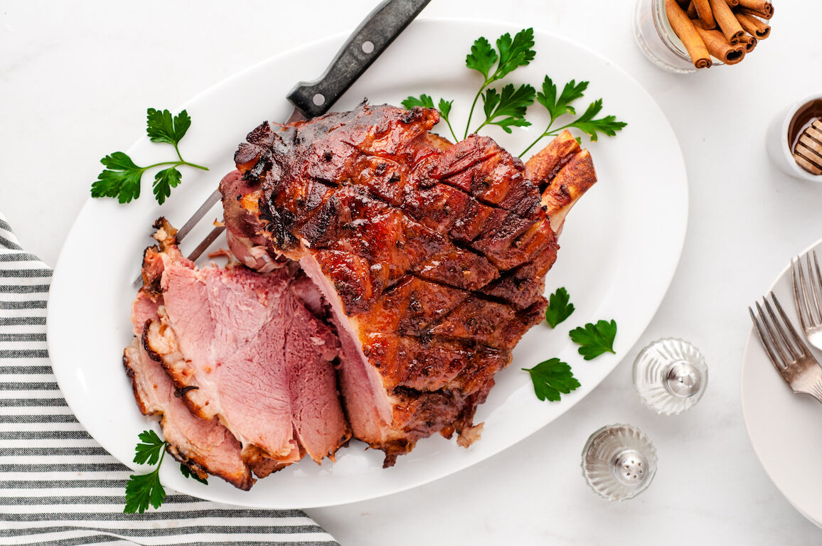 An overhead shot of Baked Picnic Ham With Cinnamon Glaze