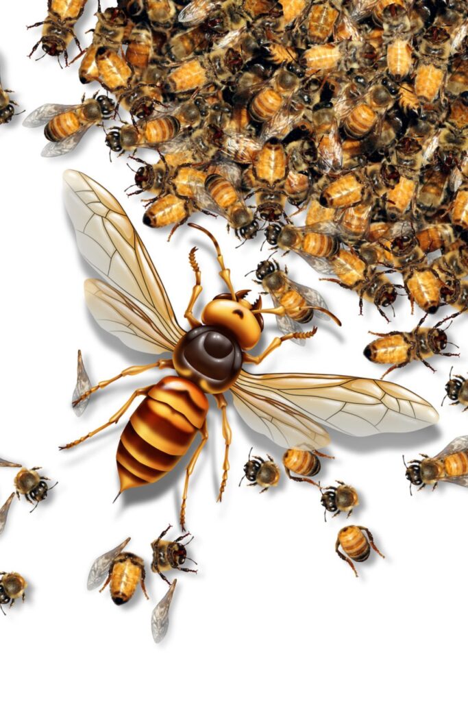 Murder hornet illustration with honey bees.